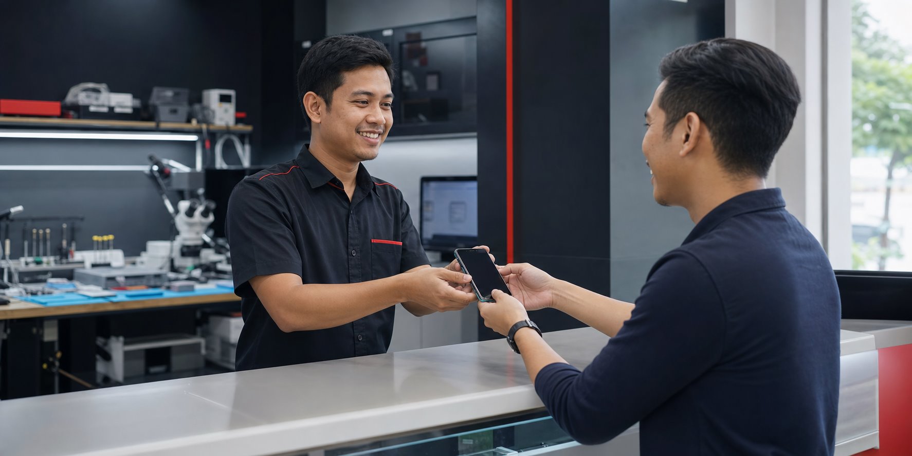 Teknisi menyerahkan kembali handphone yang telah selesai diperbaiki kepada pelanggan