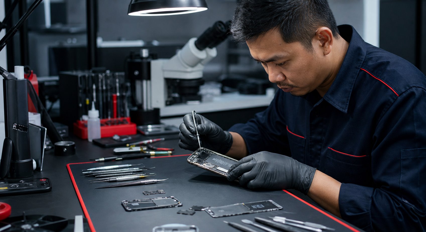 Teknisi memeriksa komponen internal handphone di meja kerja presisi